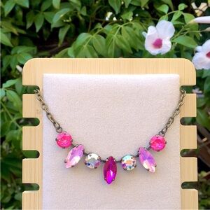 Pink-Purple Opal Aurora Borealis + Hot Pink Antique Brass Crystal Necklace